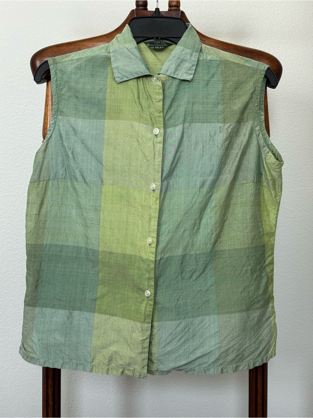 Hai Pure Silk Sleeveless Woven Blouse Green Plaid Minimalist Coastal Top L Boho